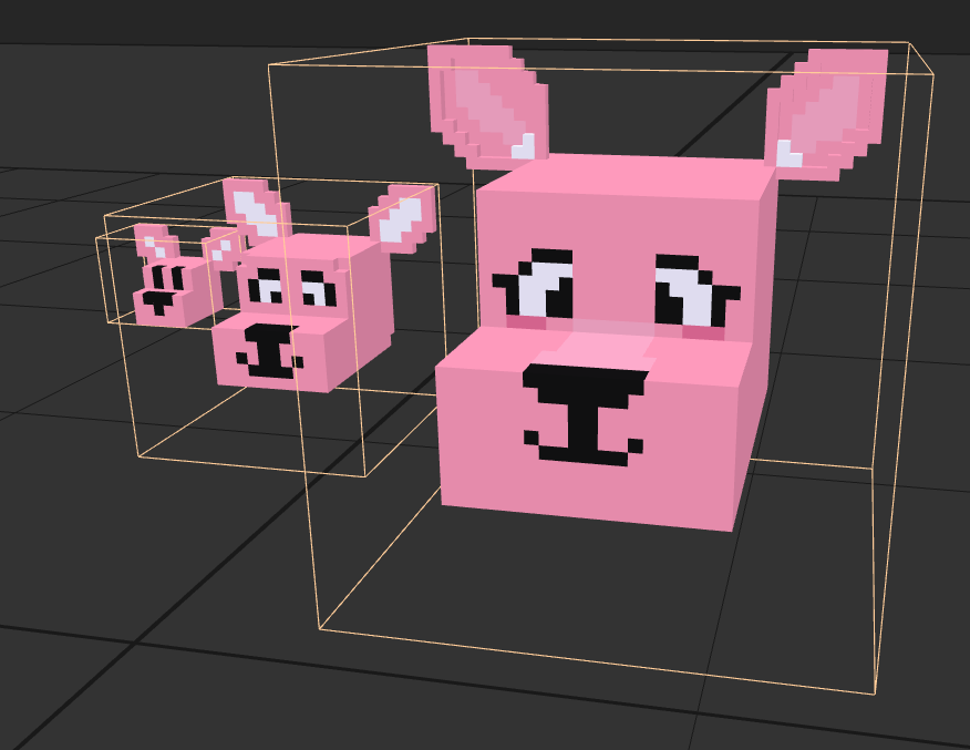 Magicavoxel screenshot, showing voxel deer heads ranging from being based on a 5x5x5 cube to 10x10x10 to 20x20x20. The largest head has detailed eyes, small blush marks and coloring inside her ears and on the top of her nose