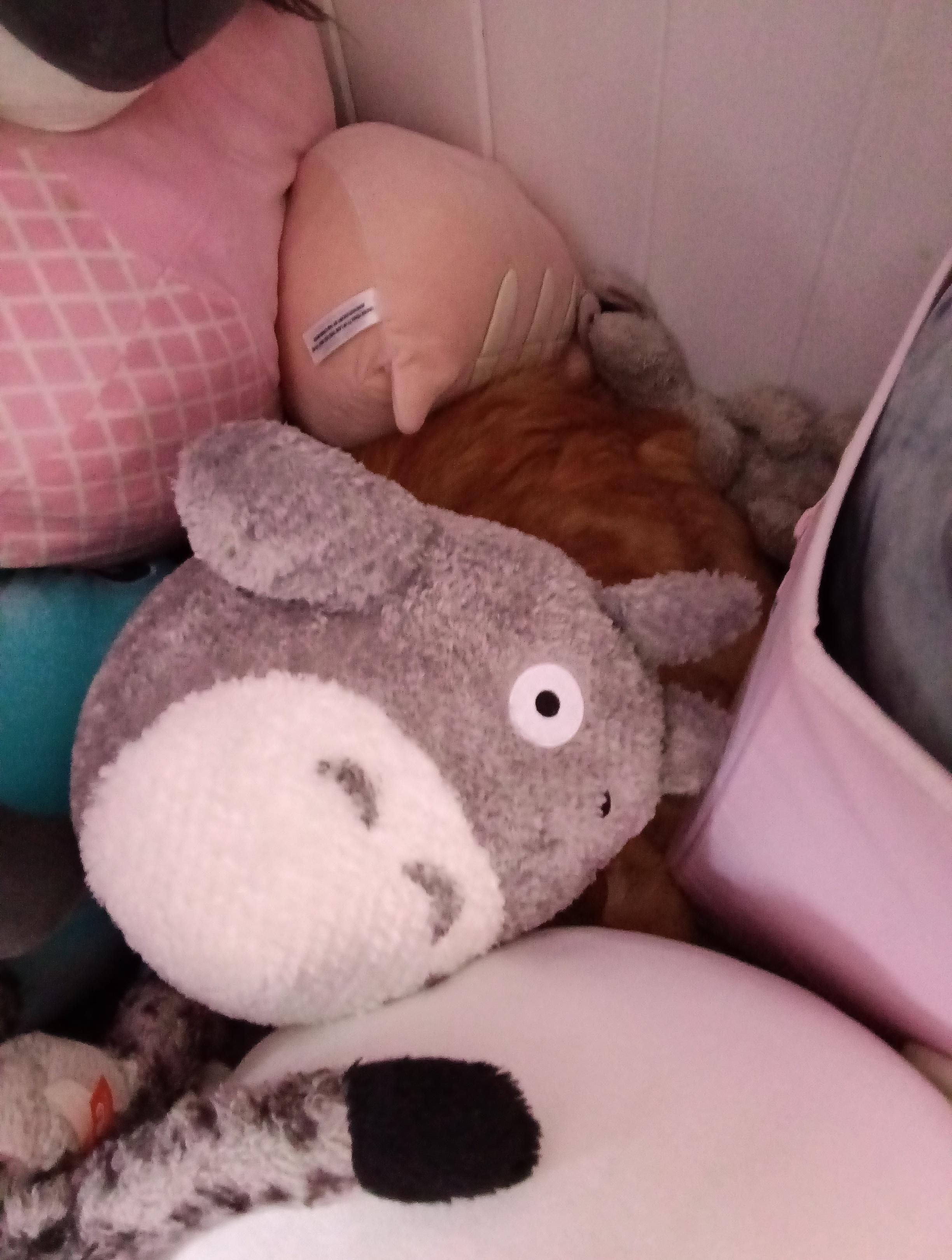 A pile of stuffed animals. What is that orange thing hiding under Totoro?
