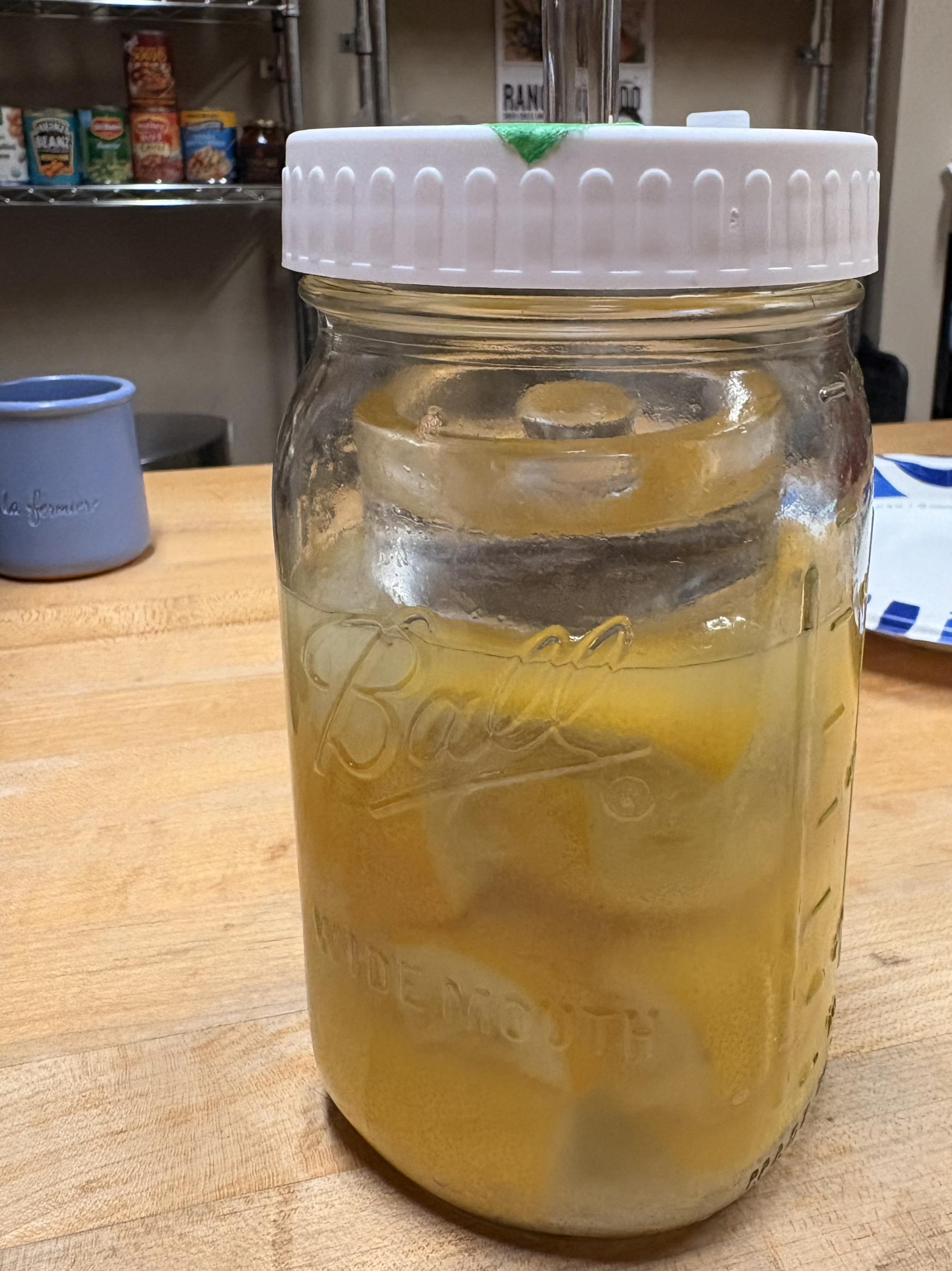 quart sized ball mason jar with lemons & their juice plus 6% salt by weight. there is a weight on top of the lemons, and they are all fully submerged in the lemon juice brine.

this is slightly different than salt preserving lemons, which is a much higher salt percentage by weight and is not an anaerobic process.