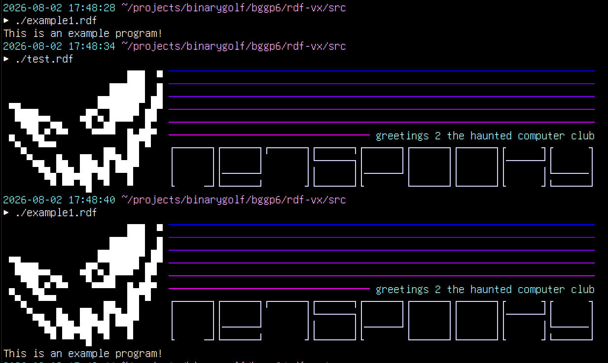 Command line showing example1.rdf outputting a string "This is an example program!". The next command, test.rdf, runs the virus and displays ansi art. The last command shows example1.rdf running again, with the ansi art banner appearing before the string it normally prints.